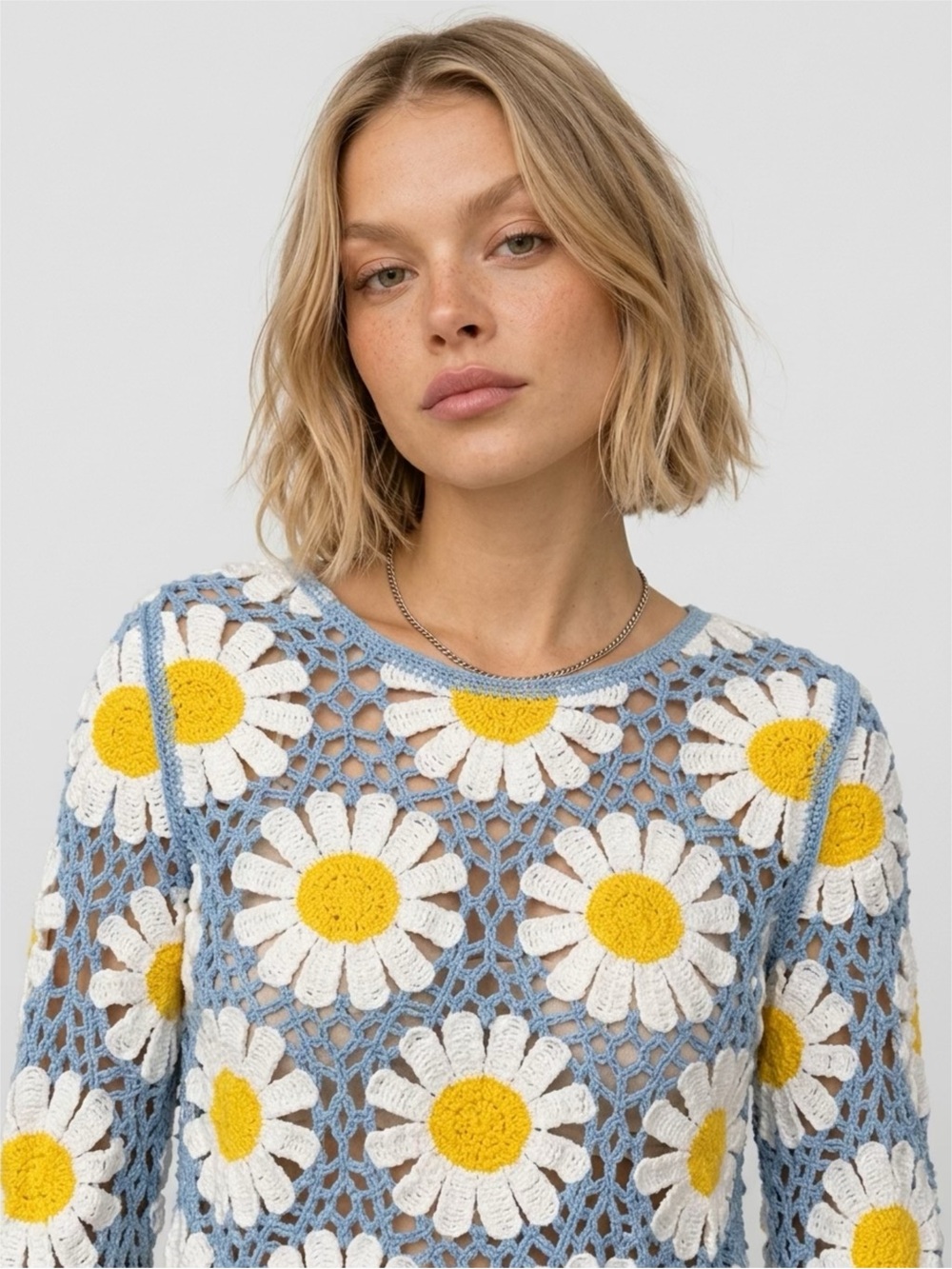 Rebellion Light Blue Crochet Daisy Pullover with White & Yellow Flowers - Picture 2 of 4